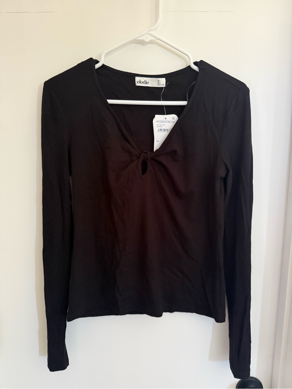 Elodie Black Long-Sleeve Tie-Front Ribbed Top